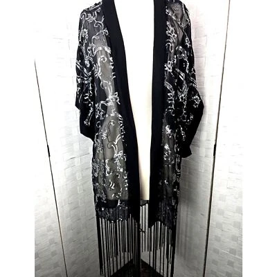 Betsey Johnson Black Sheer Duster Kimono Cover Up 10" Fringe Silver Sequins OS - Image 1 of 4