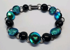 Artisan schwarz blau grün dichroitisches Glas Gliederarmband 8,5" - Bild 1 von 5