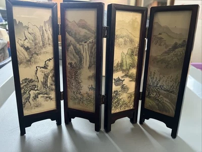 Vintage Chinese 4 Panel Folding Miniature Screen Buildings And Women - Image 1 of 4