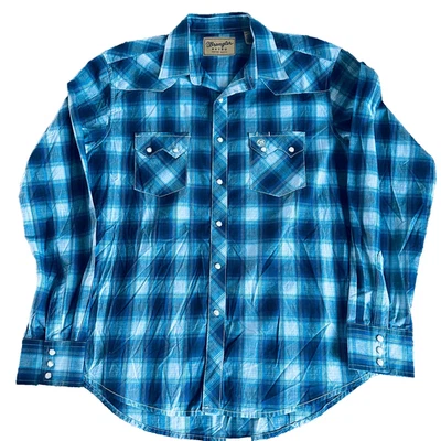 wrangler retro men’s modern fit western shirt blue long sleeve snap cotton large - Image 1 of 4