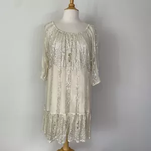 New Anthropologie Karolina K Women Cream Sequin Mini Dress Sz Medium Cottagecore - Picture 1 of 21