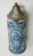 OLD GERMAN BLUE WHITE STONEWARE PITCHER LIDDED STEIN 12" STAY HAPPY DON'T WORRY