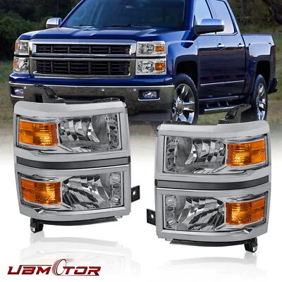 For 2014-2015 Chevy Silverado 1500 Headlamps Chrome Headlights Amber Reflector - Image 1 of 4