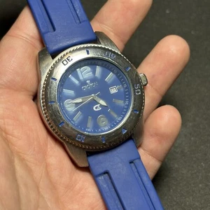 Croton C2X Mens Date Just Quartz Watch Silver Tone Blue Dial Rubber Strap Workin - Picture 1 of 10