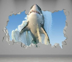 Shark Wall Decal 3D Wall Art Sticker - Animal Wall Decals Decor Vinyl Removable - Picture 1 of 8