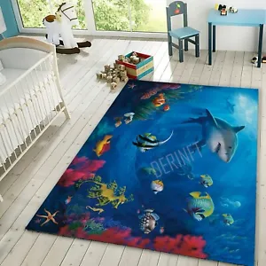 Printed Rug,Kids Room Rug,Area Rug,Washable Rug,Ocean and Fish Themed Rug,Carpet - Picture 1 of 7