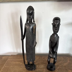 Paar alte männliche & weibliche afrikanische Ebenholz Holz handgeschnitzte Statuen Trommelkrieger - Bild 1 von 9