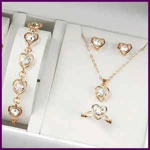 Juego de 5 piezas de joyas en forma de corazón de color dorado de pendientes de anillo collar - Imagen 1 de 29