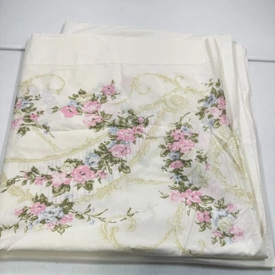 vintage utica flat sheet double pink blue floral blend percale mcm retro usa - Image 1 of 4