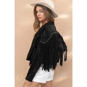 Blue B Suede Fringe Jacket Studded Western Cropped Festival Biker Small New - Picture 1 of 9