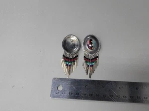 QT Sterling 925 Concho Style Multi Gemstone Inlay Dangle Earrings Southwestern - Picture 1 of 9