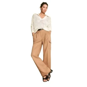 Ann Taylor LOFT Linen Blend Drapey Cargo Pants Tan Size 8 Petite High Rise - Picture 1 of 9