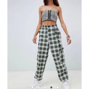 The Ragged Priest Escape Cargo Pants Wide Leg High Waist Plaid Trousers Green - Picture 1 of 10