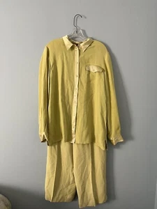 Due per Due Yellow Chartreuse 100% Silk Set Size 12 LS Pants Old Money Wide Leg - Picture 1 of 13