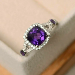2 Ct Cushion Cut Simulated Amethyst Engagement Halo Ring 14k White Gold Plated - Picture 1 of 4
