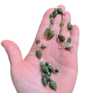 Handmade Carved Green Jade Leaf Bead Sterling Silver Bday GIft For Wife Necklace - Picture 1 of 12