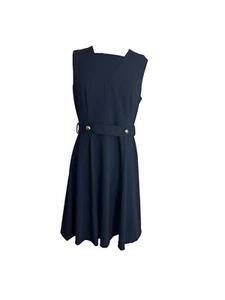 Calvin Klein Dress Sz 8 Navy Blue Gold Buttons Sleeveless Exposed Zipper Altered - Picture 1 of 7