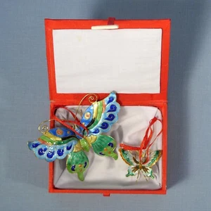2 Cloisonné Enamel Butterfly Ornaments with Decorative Red Box Easter Gift - Picture 1 of 12