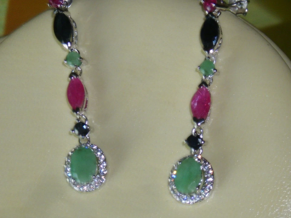 Smaragd Saphir Rubin Ohrstecker / Ohrhänger Silber verg. - Bild 1 von 1