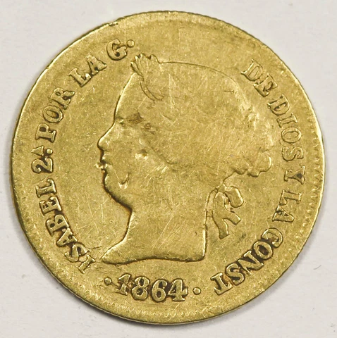 Spanish Philippines 1864 1 Peso Gold Coin KM# 142 VF/XF Isabel II Cover