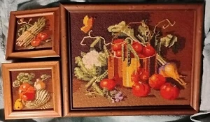 Vntg 70s Brown Kitchen Art Cross-Stitch Needlepnt Crewel Veggies 3 pc  Framed - Picture 1 of 7