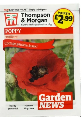 THOMPSON AND MORGAN THOMPSON & MORGAN POPPY SEEDS BRILLIANT LARGE SCARLET FLOWERS 180 SEEDS RED