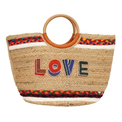 Handmade Seed Bead LOVE Jute Tote Bag with Wooden Handles | Boho Straw Purse - Imagem 1 de 4