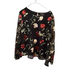 Dalia Blouse Top Women's Black Floral Sheer Flutter Long Sleeve Round Neck - Picture 1 of 4