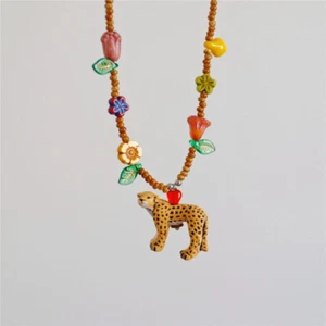 Gepard Tier Halskette, Boho Tier Keramik Tschechische Glasperlen Schmuck - Bild 1 von 8