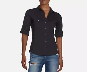 JAMES PERSE Top Womens S Button Front Blouse Roll Tab Sleeve Black NEW - Picture 1 of 16