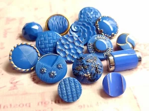 15 Vintage Blue Glass Buttons Many w/ Luster Trim ~ Variety Lot ~ 1/2" to 13/16" - Picture 1 of 5