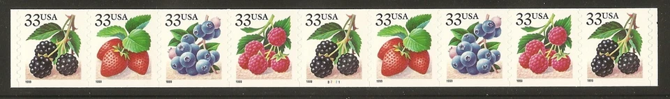 US Scott 3302-3305 33c Berries PNC strip of 9, plate # B2221 - Image 1 of 1