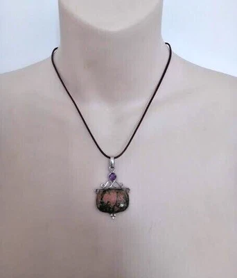 Rhodochrosite, Amethyst & 925 Sterling Silver Pendant on a Cord Necklace — 第 1/4 张图片