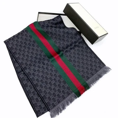 GUCCI Bufanda GG Patrón Jerez Línea Estola Silenciador Seda Negro Para Hombre - Imagen 1 de 4