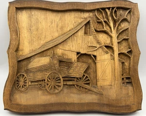 Vintage Wooden Plaque Wagon Barn Scene Raised Relief Artist Manning - Picture 1 of 6