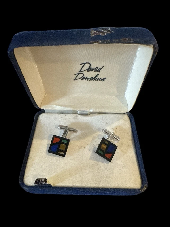 Gemelos David Donahue de plata de ley con incrustación de esmalte modernista con caja Foto 1 de 3