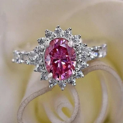 Кольцо с фантазийным обработанным розовым бриллиантом овальной формы 3,00 карата сертифицированный VVS1 рождественский подарок - Изображение 1 из 4