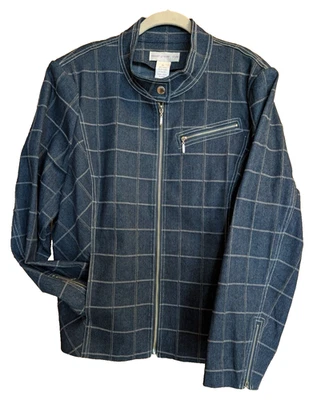 Susan Graver Style Jacket Blue Denim Full Zip Pockets Zipper Cuff Sz XL CorpCore - Image 1 of 4