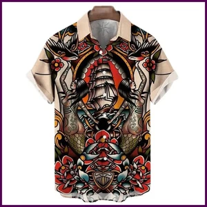 Japanische Herren Hemden Koi Print Hawaii Knöpfe Strand Aloha Tops Neu 2025 - Bild 1 von 44