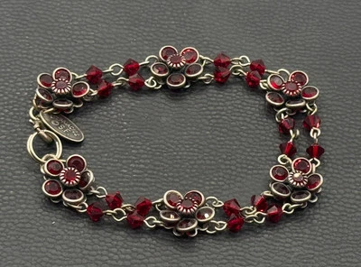 复古 Liz Palacios SF 古董签名红色勃艮第水晶花朵手链 #7 — 第 1/4 张图片