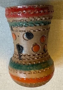 Vintage Hand-Painted Textured Terra Cotta Vase 4” Green Red Dots Bands - Picture 1 of 7
