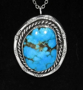Großer alter datierter 1974 signierter Navajo 925 Silber Kingman Türkis Anhänger 18" Kette - Bild 1 von 7