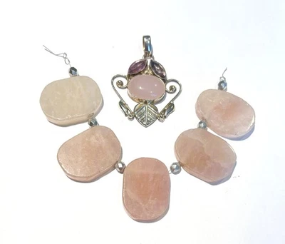 Lote de 2 colgantes de piedras preciosas de cuarzo rosa: babero o abanico y plata de ley 925 Foto 1 de 2