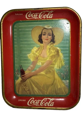 Vintage 1938 Original Coca-Cola Advertising Tray Girl in Yellow Dress 13" x 10.5 - Image 1 of 4