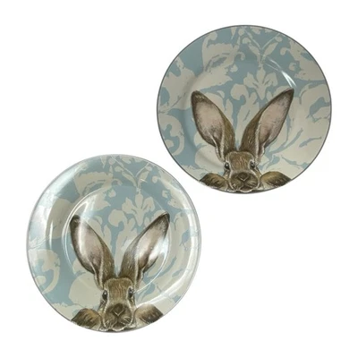 Williams Sonoma Damask Bunny DINNER Plates Blue Floral Rabbit Round 10.5" LOT 2 - Image 1 of 4