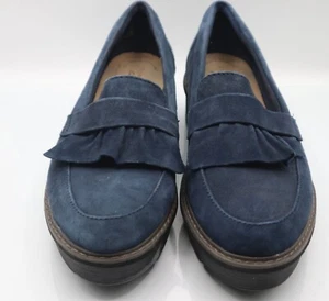 Clarks Womens Navy Blue Suede Loafers With Ruffle Accent & Chunky Heel - Picture 1 of 10