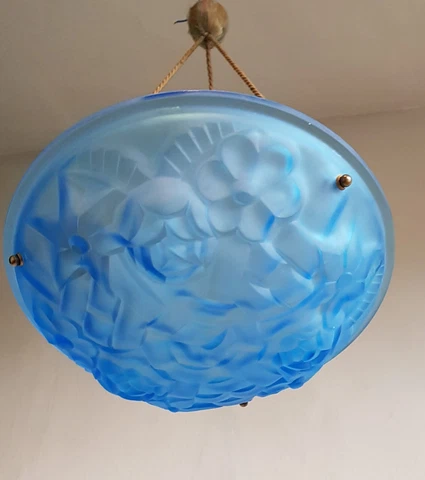 Rare French Art Deco Blue Bowl Shade Hanging Pendant Light Lamp Signed 'Degue' Cover