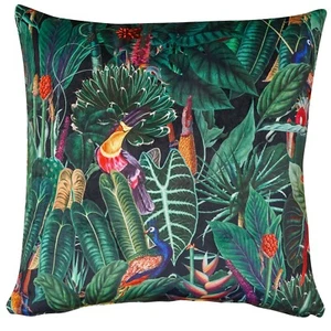 Lima Jungle Birds Velvet Cushion. Deep Green. Plain Black Velvet Backing. 17" Sq - Picture 1 of 4