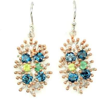 925 SS 14K ROSE GP 1.20 CTW LONDON BLUE TOPAZ, EMERALD & PERIDOT EARRINGS - Image 1 of 2