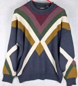 90's Structure Men’s Color Block Geometric Sweater Size Large Ramie Cotton Blend - Picture 1 of 7